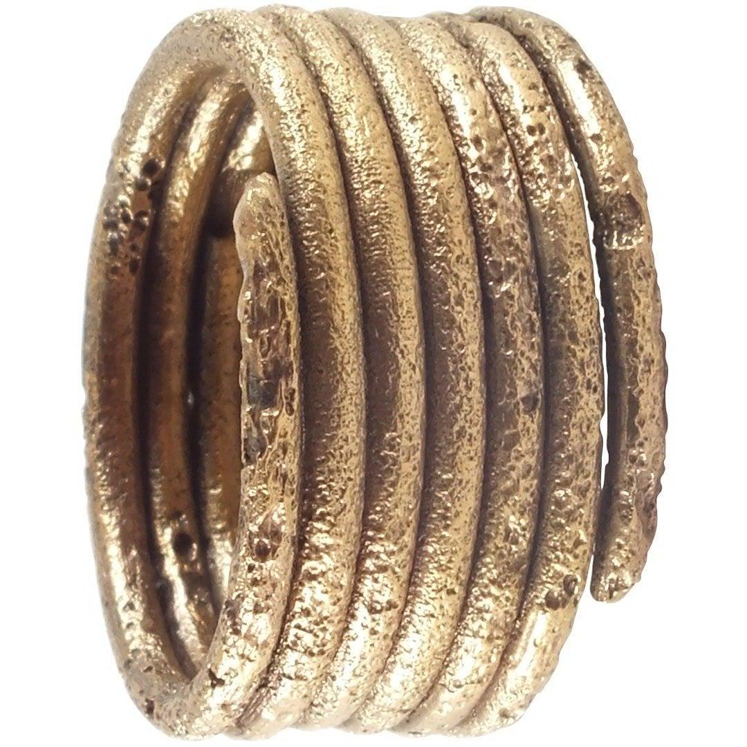 ANCIENT VIKING COIL RING C.850-1050 AD, SZ 10: 6 full circular section coils to 11.5mm, (just under ½”) width. Size 10. Gold over bronze with surface texture from burial. Made by the lost wax process. Coil beads, rings, and other adornments wer
