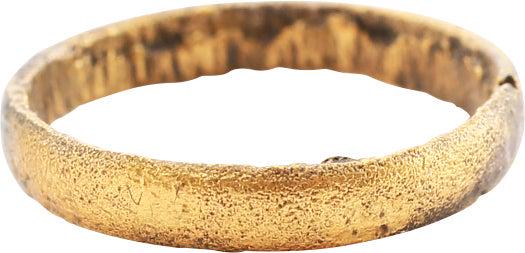 RARE VIKING BEARD RING, 900-1050 AD JEWELRY: Gilt bronze, rounded face band, 2.2mm thick, and a 0.48” inside diameter. The use of beard rings by Viking warriors is well documented but surviving examples are rare. Professionally refurbished wit