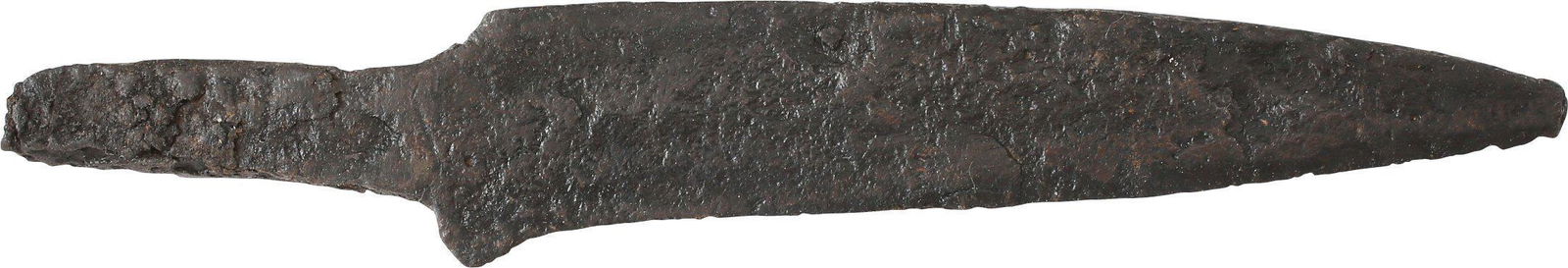 VIKING SIDE KNIFE OR POUCH KNIFE, 866-1067 AD: Danelaw England. About 3 1/2” total length. Thick wedge section blade with curved back of scramseax form. Whittle tang for mounting in a wood, bone, or antler grip without a guard. (See https://leat
