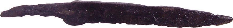 VIKING POCKET OR POUCH KNIFE., 11th C. AD: Vikings evolved multiple fighting techniques depending on circumstances. The sword and axe served on the battlefield. When raiding, they employed brutal hand to hand techniques which included throat-s