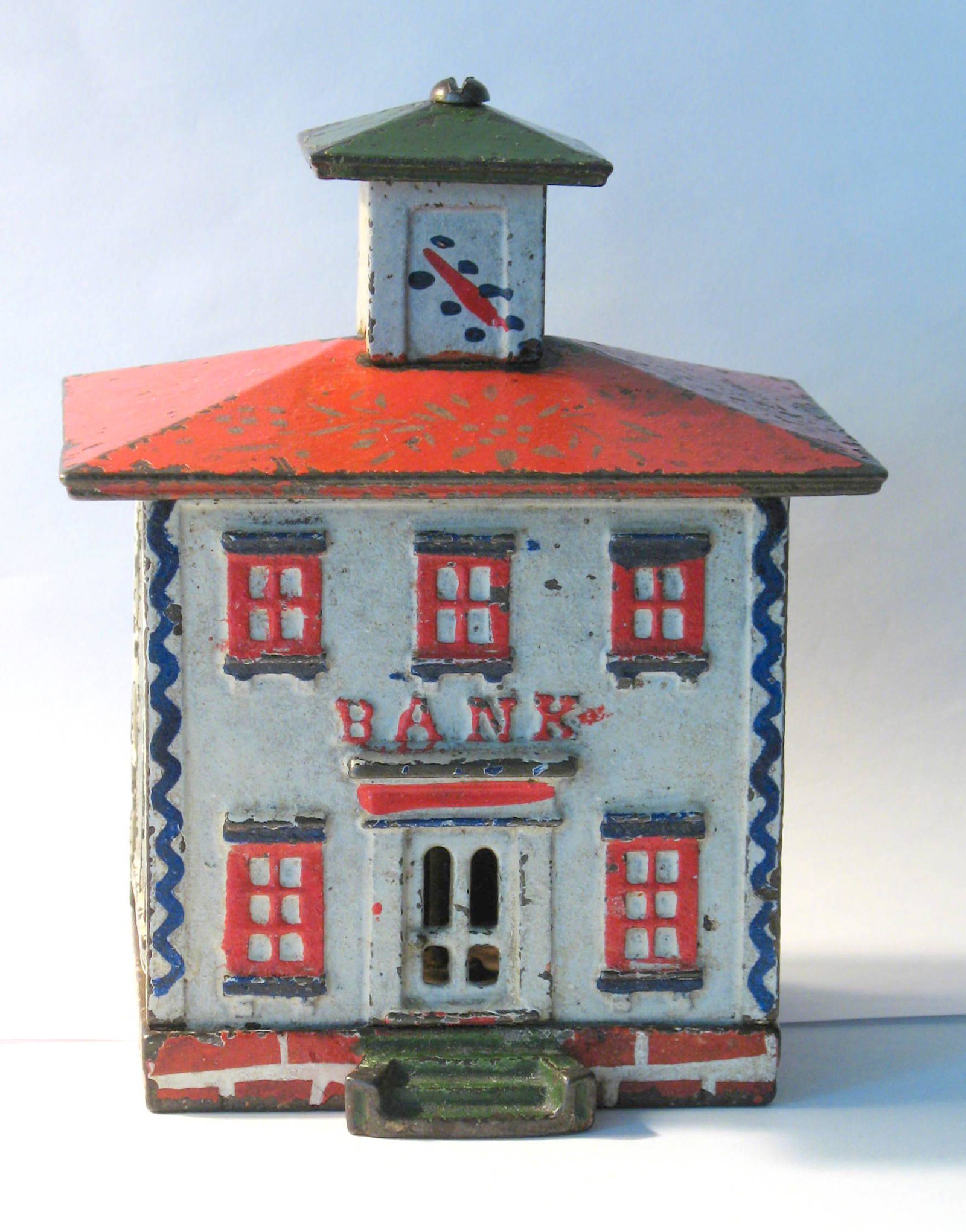 The best early Cupola penny bank.: Title: The best early Cupola penny bank. Date/Period: 1880's Dimension: 5 1/2” x 4 1/2” x 3 1/2” Provenance: Great example of the largest size Cupola penny bank with the best all original red, w