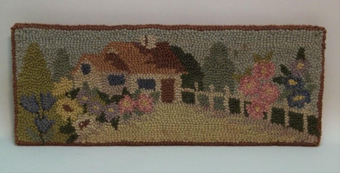 Hooked Mat of House and Garden: Title: Hooked Mat of House and Garden Date/Period: c/ 1940's Material/Origin: Found in New England Dimensions: 9 1/4" x 24" Provenance/Additional Info: Sweet small yarn hooked mat of a cottage with a 