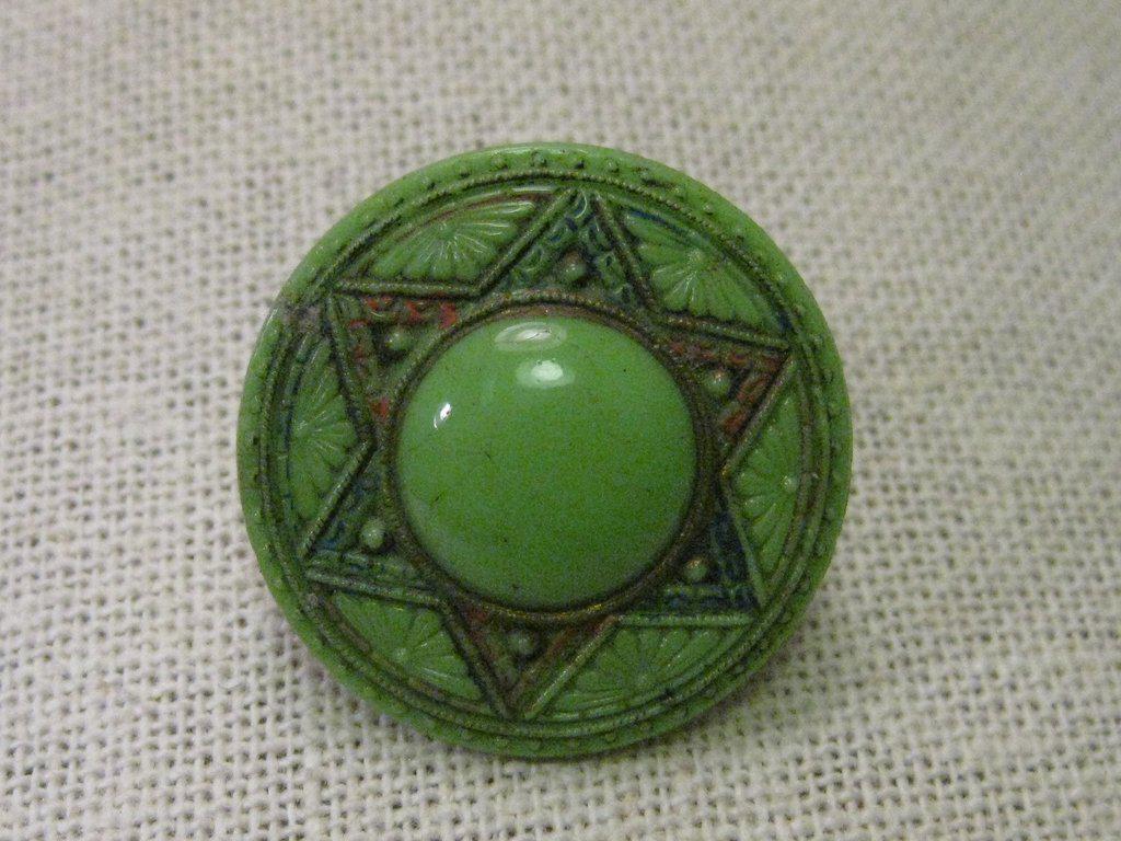 Vintage Brooch, Green Czech Glass Brooch, early 1900's,: Vintage Brooch, Green Czech Glass Brooch, early 1900's, Round with a six-pointed star, large domed button-like center and stamped daisy accents around the outer edge with a line border and notched acc