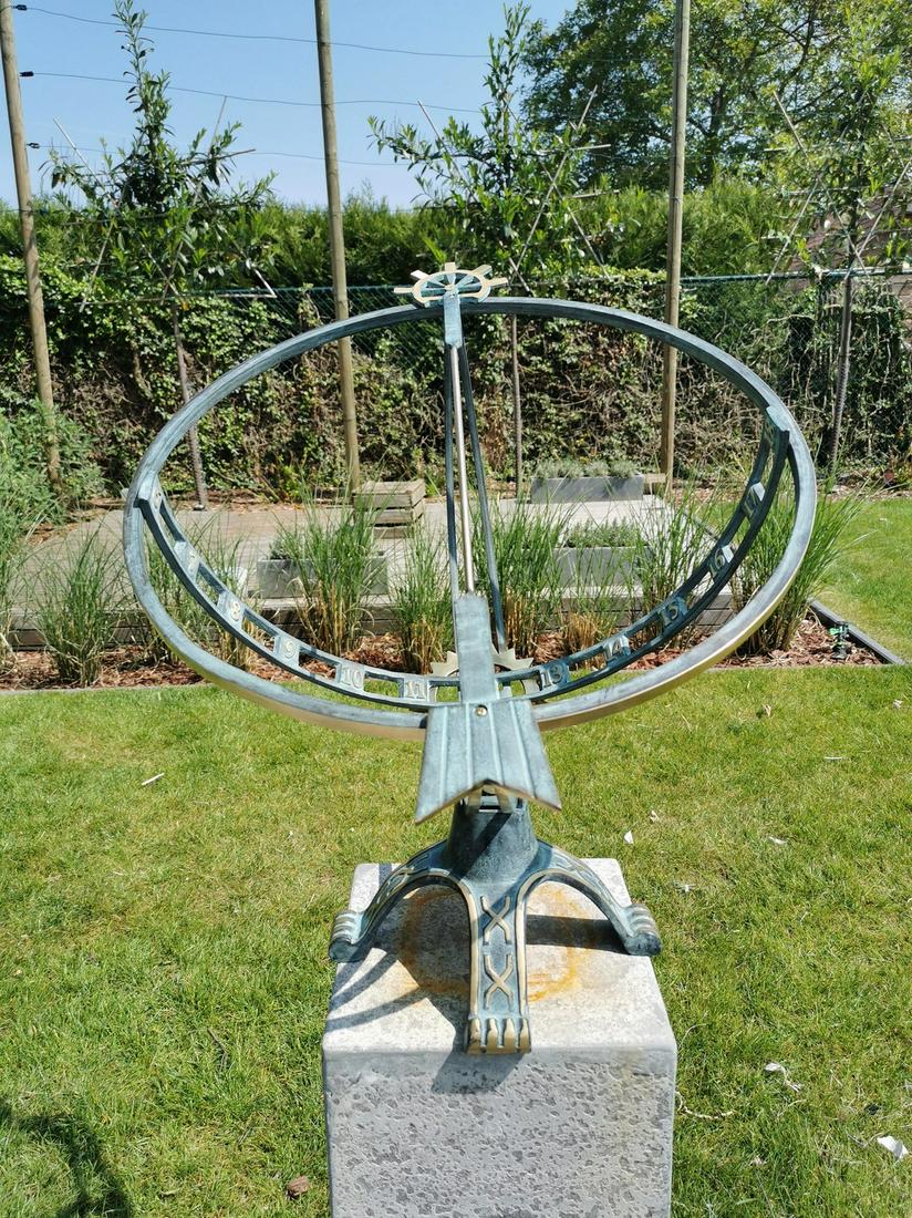 Bronze Sundial - Garden sculpture - nautical Armillary: Title: Bronze Sundial - Garden sculpture - nautical Armillary Maker: unknown Origin: Belgium Date/Period: Late 20th century Materials: Bronze Dimensions:Height: 66 cm / 26.4 inchesWidth: 52 cm / 20.8