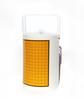 1970s White & Yellow Ice Bucket: An amazing white and yellow grid print ice bucket. Made of vinyl and plastic with white plastic handle and white interior. Both front & back has painted yellow grid pattern. In very good vintage condi