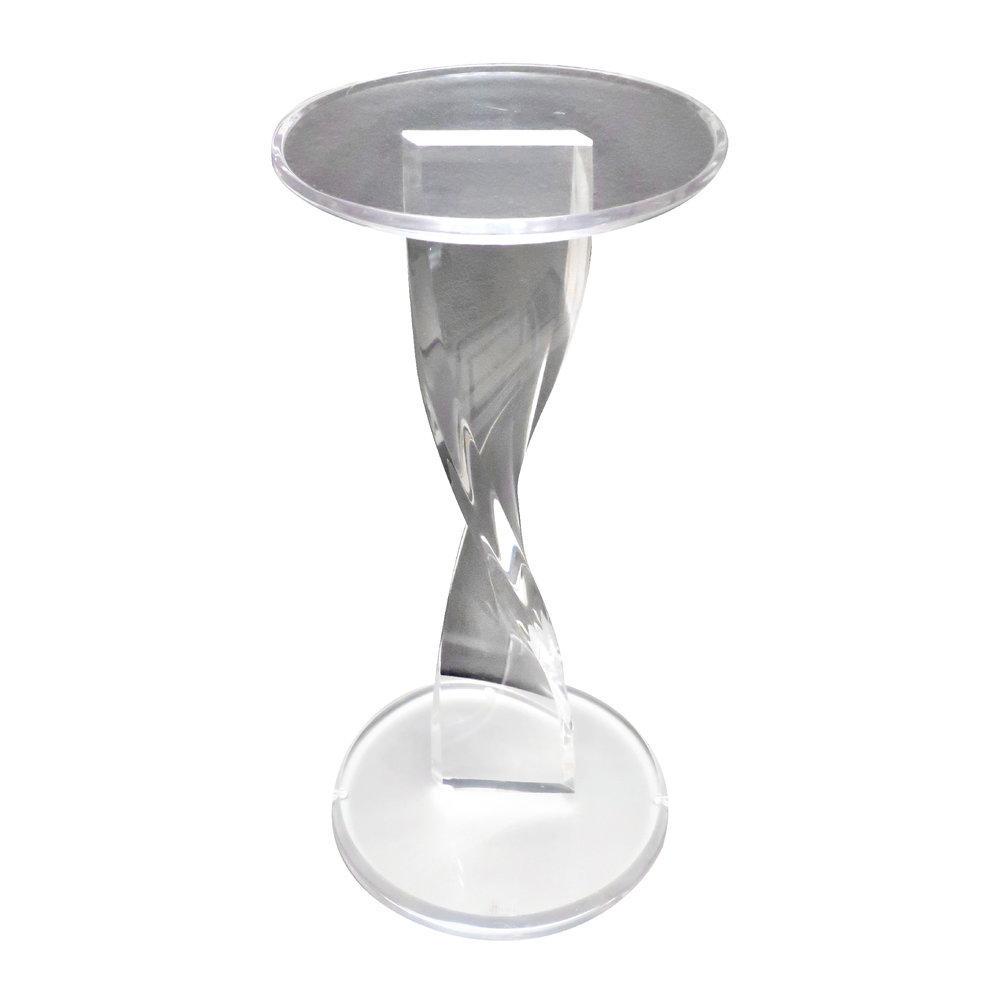 Vintage Shlomi Haziza Lucite Side Table: A stunning clear Lucite side table or pedestal by Shlomi Haziza. A round base and top held apart by a twisted plank of Lucite. All edges are beveled allowing the table to catch light beautifully. Show