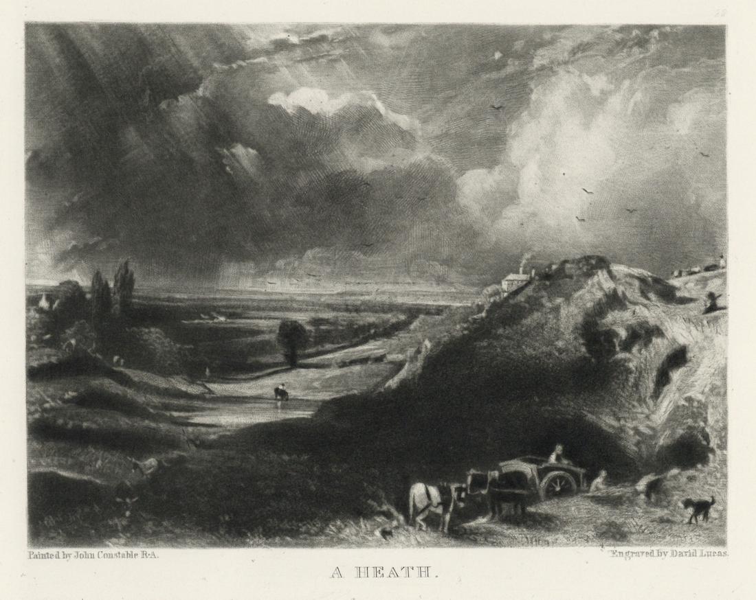 Sir John Constable / David Lucas mezzotint "A Heath": This beautiful mezzotint engraving was composed by John Constable and engraved by David Lucas. It is from the much sought-after "English Landscape" series; this impression on cream wove paper is from