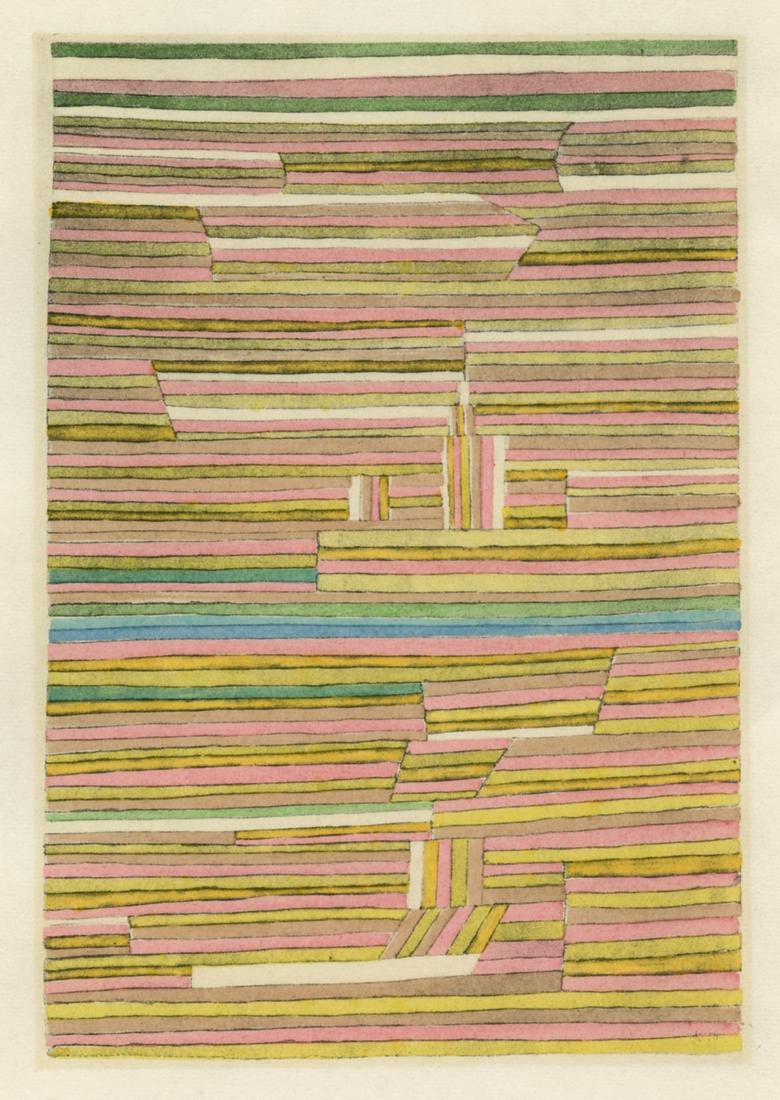 Paul Klee pochoir "Ort am Kanal (Place near the Canal)": Medium: pochoir (after the 1929 watercolor). Printed in Paris by Daniel Jacomet and published in 1961 by Heinz Berggruen. The image measures 5 1/2 x 3 3/4 inches (140 x 97 mm). There is another Paul K