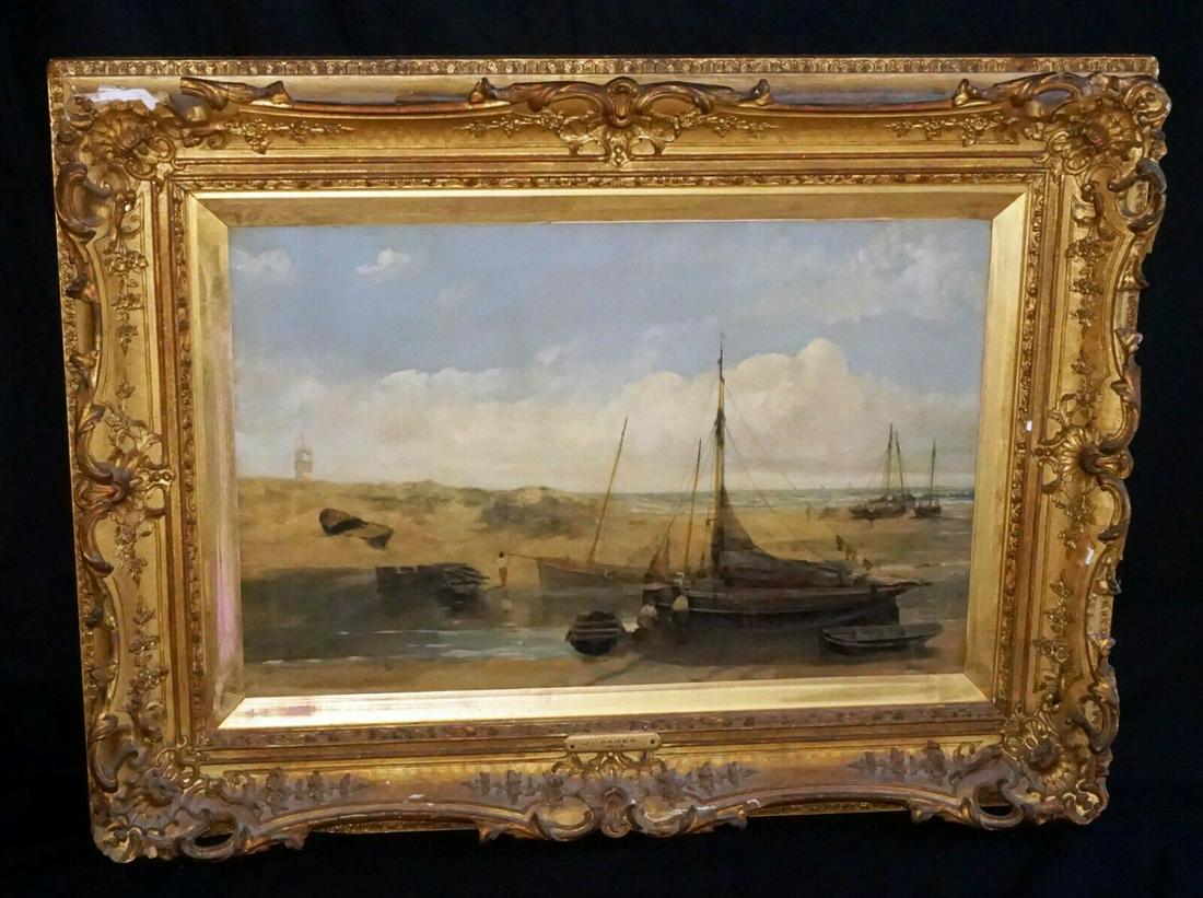 1883 English Oil Paint Seaside Boats John Wright Oakes: Up for sale from a recent estate in Honolulu Hawaii, this 1883 English period framed oil on canvas painting that is untitled but depicts a seaside beach with mored fish boats and fisherman and a small