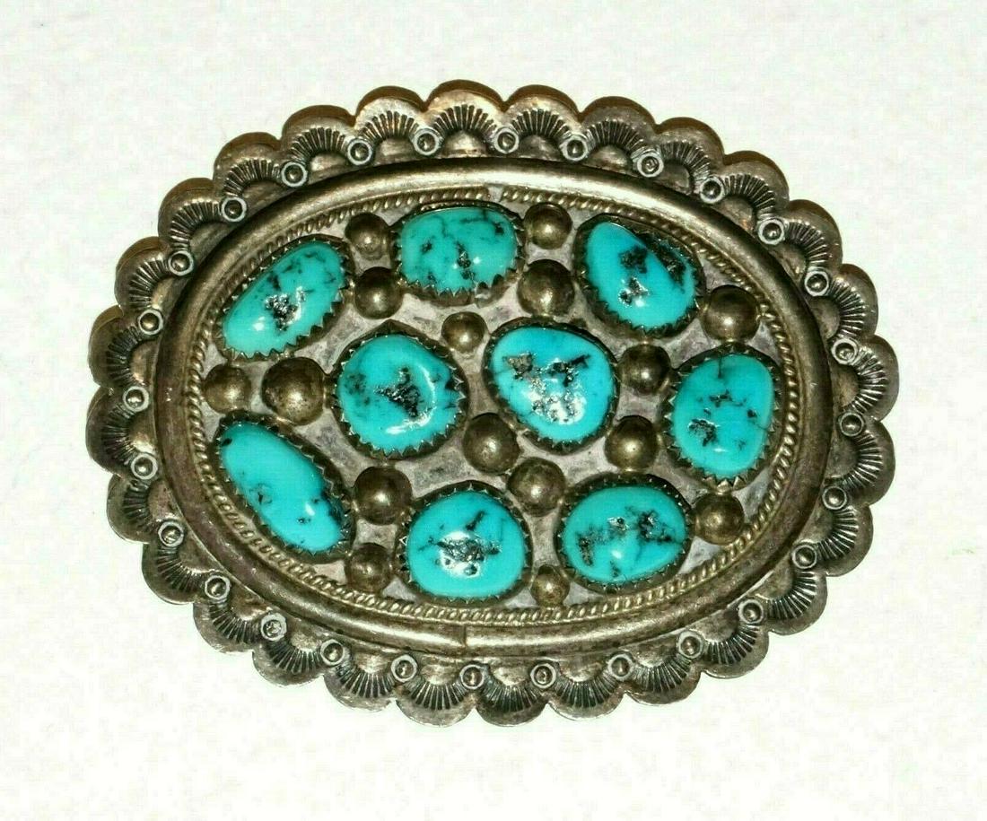 Vintage SW Silver & Copper Concho w 9 Turquoise Accents: Up for sale from a recent estate in Honolulu Hawaii this Vintage South Western unmarked silver and copper concho belt element that is set with 9x irregular natural Turquoise pebble accents (approx. 10