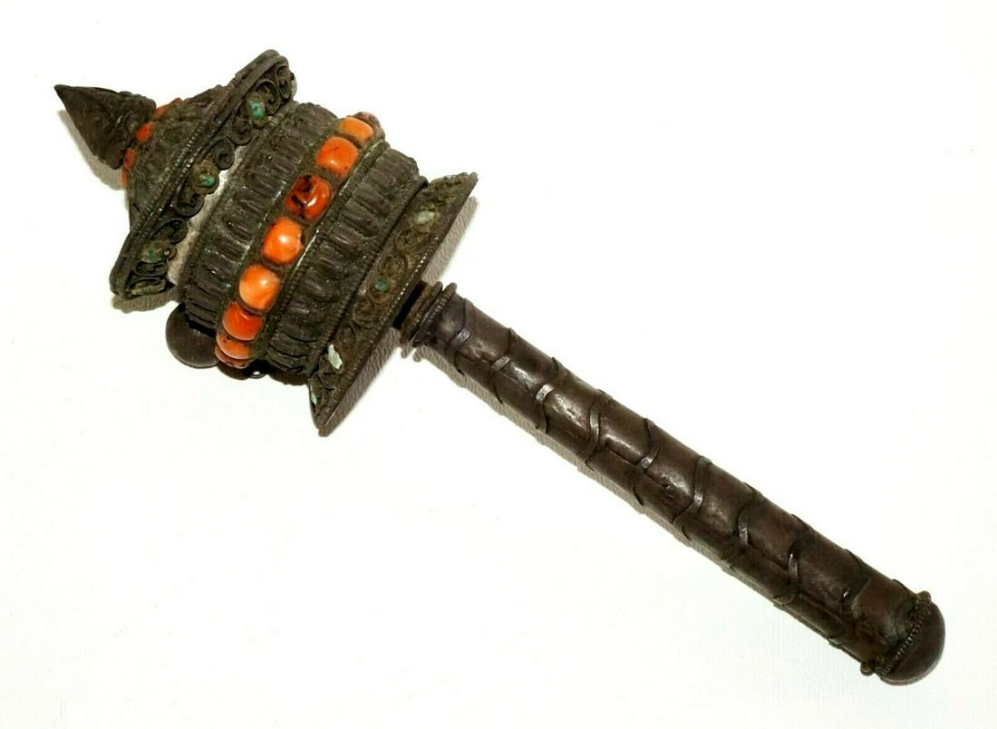 Vintage Tibetan Buddhist Silver Red Coral Prayer Wheel: Up for sale from a recent estate in Honolulu Hawaii, this Vintage unmarked silver Tibetan or nepalese prayer wheel that is accented with red coral. The condition is described above for more informatio