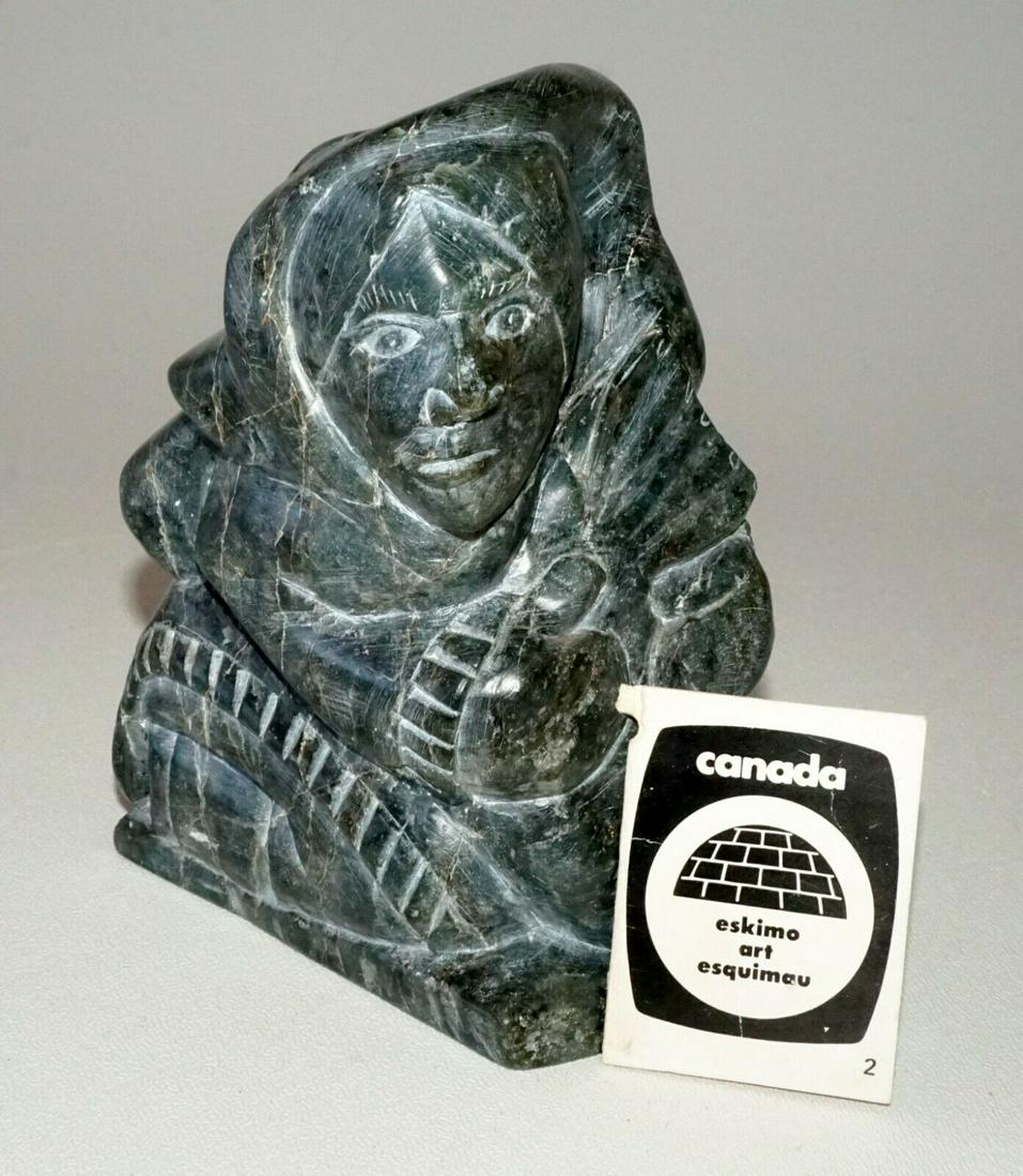 94 Inuit Eskimo Stone Figure Markoosie Anautak Inukjuak: Up for sale from a recent estate in Honolulu Hawaii this 1994 Canadian Inuit eskimo stone carving from the Inukjuak tribe that depicts a kneeling figure and is signed by the artist Markoosie Anautak. 