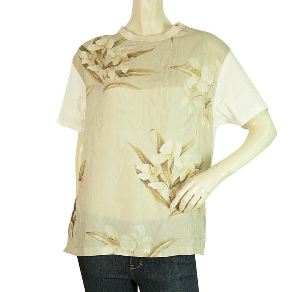 MONCLER Maglia Girocollo Silk Floral Front Beige Cotton: MONCLER Maglia Girocollo Silk Floral Front Beige Cotton T- Shirt top sz L This MONCLER lovely floral top is here to add style to your everyday look . Adorned with logo at the sleeve , short sleeves, s