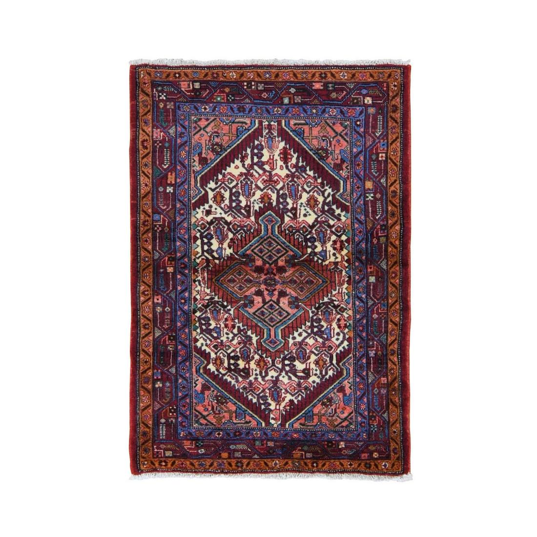 Red New Persian Hamadan Full Pile Pure Wool Hand: Title: Red New Persian Hamadan Full Pile Pure Wool Hand Knotted Oriental Rug Date/Period: 2018 and above Origin: IRAN (Islamic Republic of Iran) Dimension: Exact Size: 3'3" x 4'10" Material: Wool, Cot