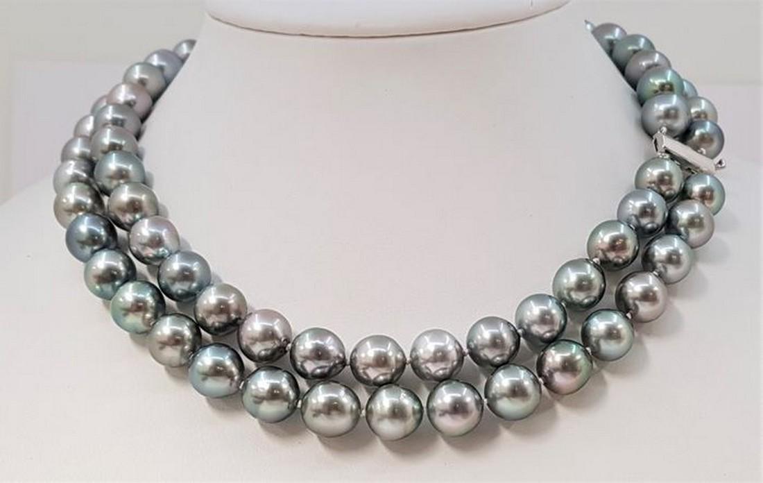 10x12mm Silvery Grey Tahitian Pearls - Double 2strand: Title: 10x12mm Silvery Grey Tahitian Pearls - Double 2strand Necklace Additional Information: A beautiful double pearl necklace of silvery grey-green Tahitian pearls with exceptional lustre, finished 
