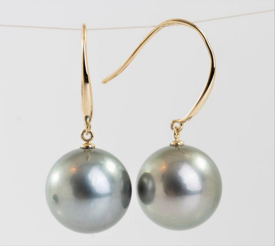 14 kt. Yellow Gold - 11x12mm Round Tahitian Pearls -: Title: 14 kt. Yellow Gold - 11x12mm Round Tahitian Pearls - Earrings Additional Information: Emerging from the tropical lagoons of French Polynesia, these Tahitian pearls have been hand selected for t