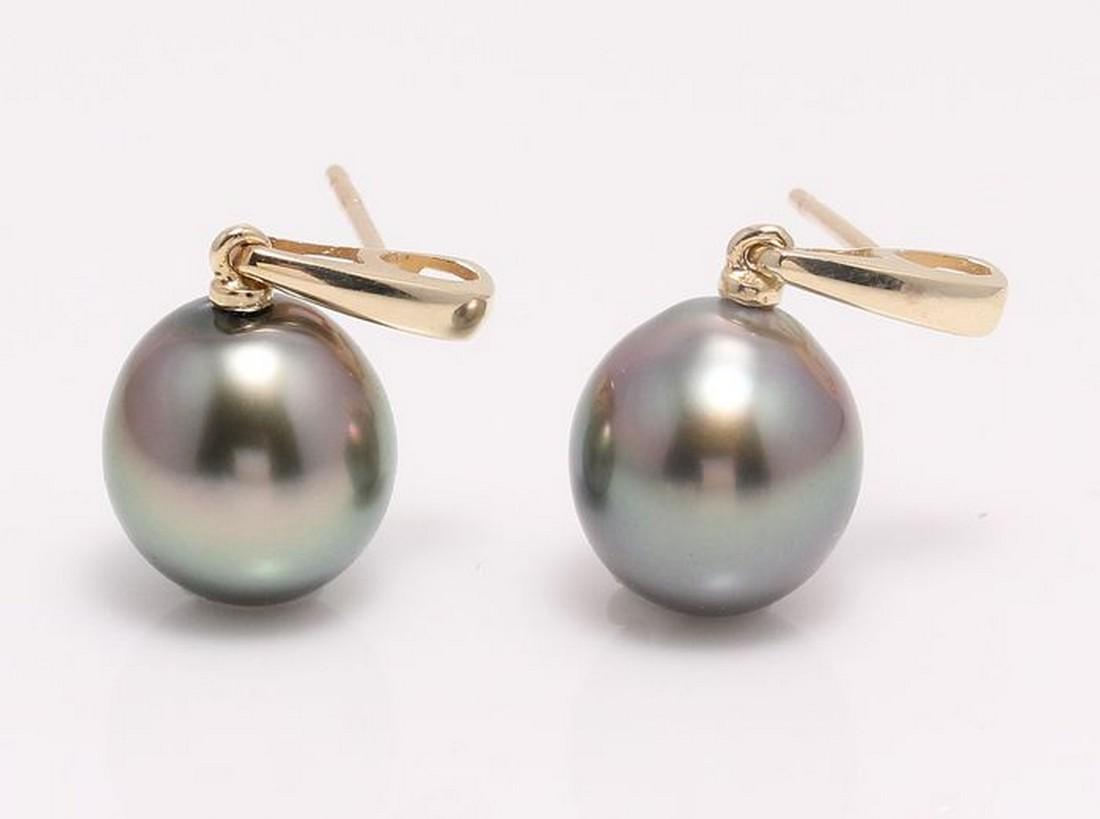 14 kt. Yellow Gold - 10x11mm Peacock Tahitian Pearl: Title: 14 kt. Yellow Gold - 10x11mm Peacock Tahitian Pearl Drops - Earrings Additional Information: Emerging from the tropical lagoons of French Polynesia, these Tahitian pearls have been hand selecte