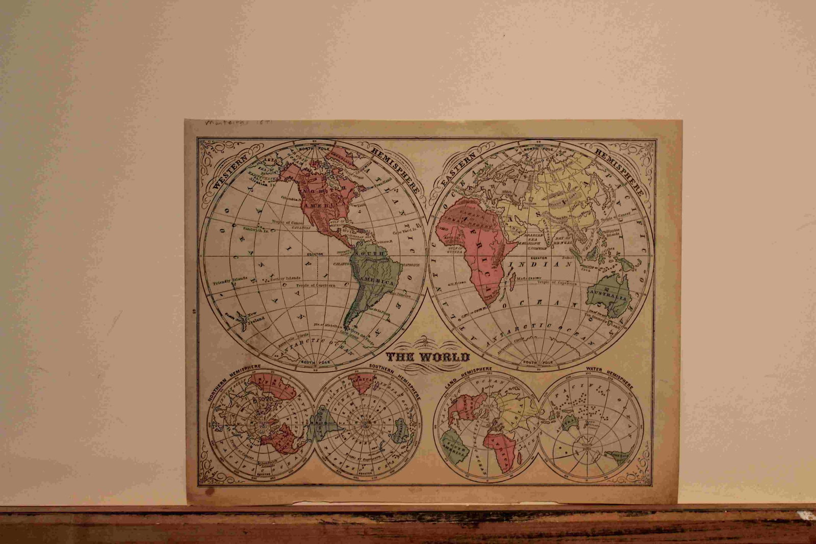 1871 World Hemispherical Map: Author: Montheith Title: 1871 World Hemispherical Map Medium: Ink on Paper Dimensions: 12"X9" Description: Hemispherical map of the World engraved by James Monteith dated 1871. Published by A J Barnes