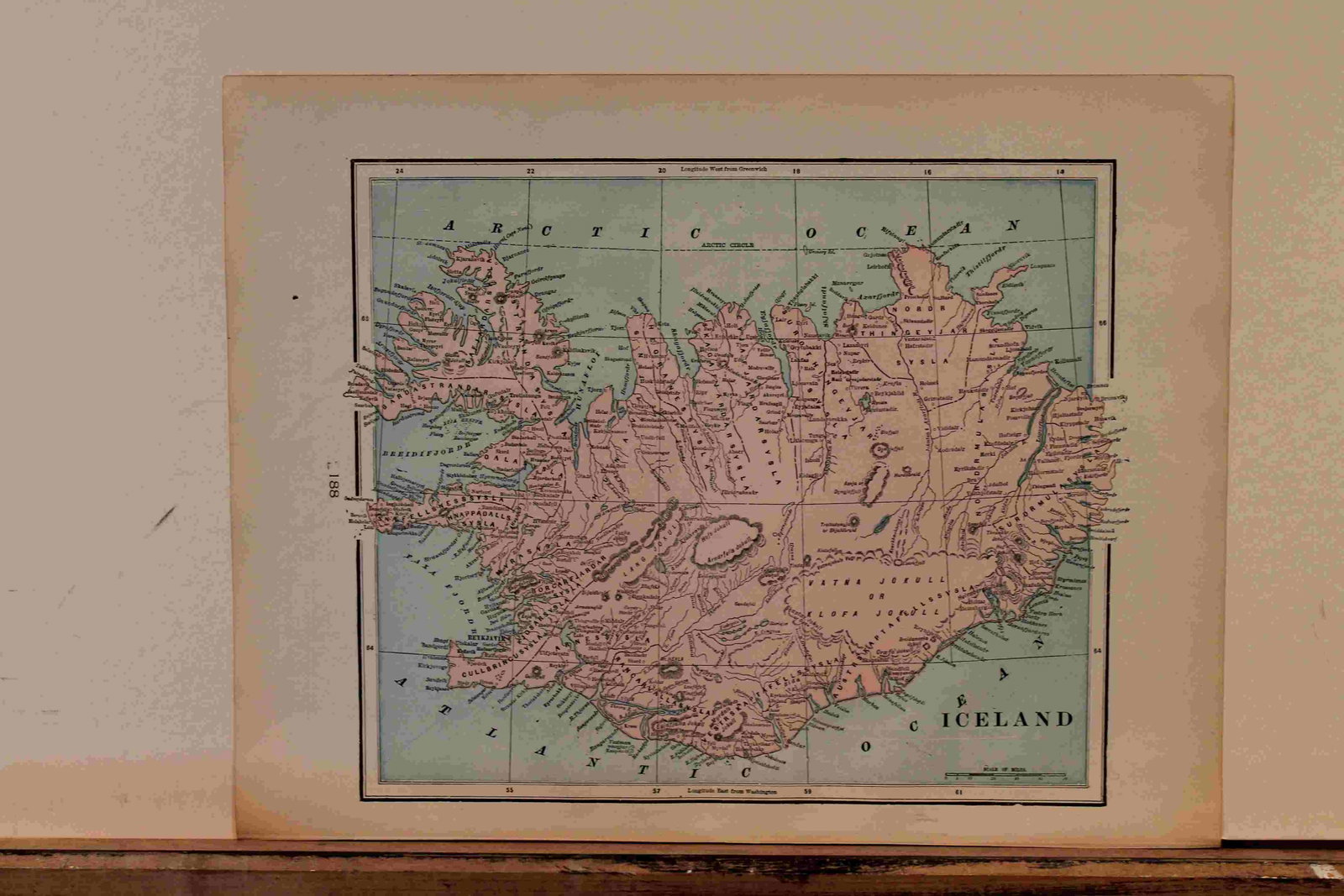 1894 Map of Iceland: Author: Cram Title: 1894 Map of Iceland Medium: Ink on Paper Dimensions: 14.5"X11.5" Description: Map of Iceland dated 1894. Engraved and published by George Cram in Chicago. Part of his World Atlas. 