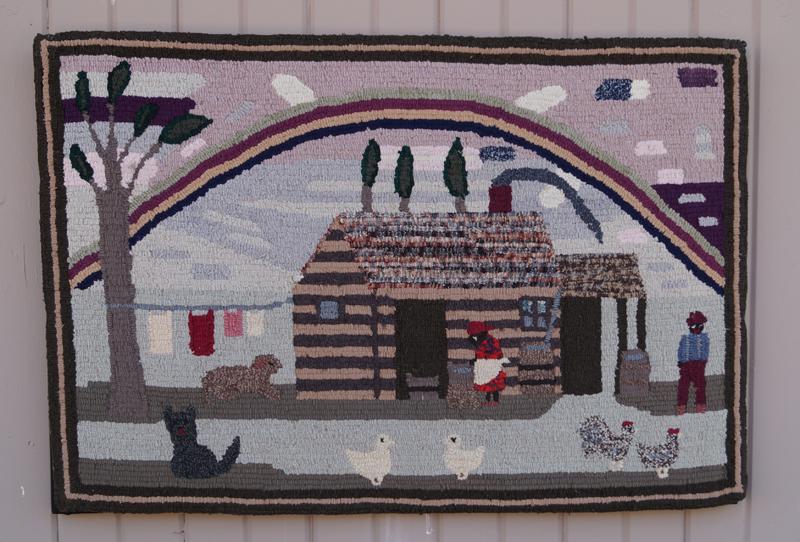 Antique Log Cabin Hooked Rug Country Americana (1 of 5)
