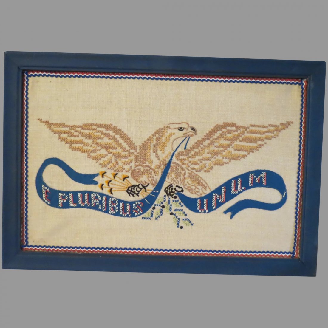 Americana Vintage Needlepoint "e Pluribus Unum" -: Large Vintage Needlepoint "e Pluribus Unum" - Framed excellent condition.0 Shipping: Domestic: Flat-rate of $15.00 to anywhere within the contiguous U.S. International: Foreign shipping rates are dete