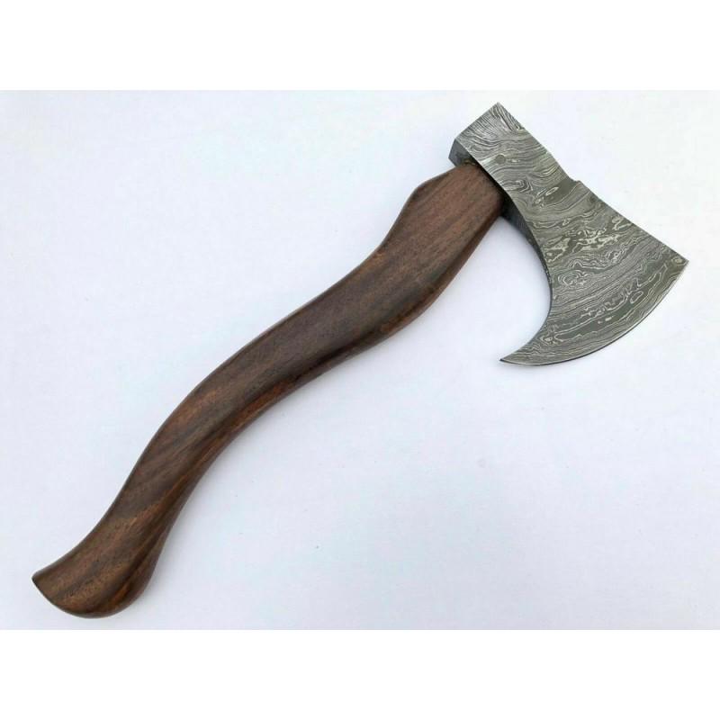 Viking Axe, damascus steel, wood, leather sheath, axe: "Viking Axe Â“PersimmonÂ” The axe is one of the first human-made tools. The simplicity of perfection is the very word used to describe Viking axes. The ax has great impact power, it cuts through