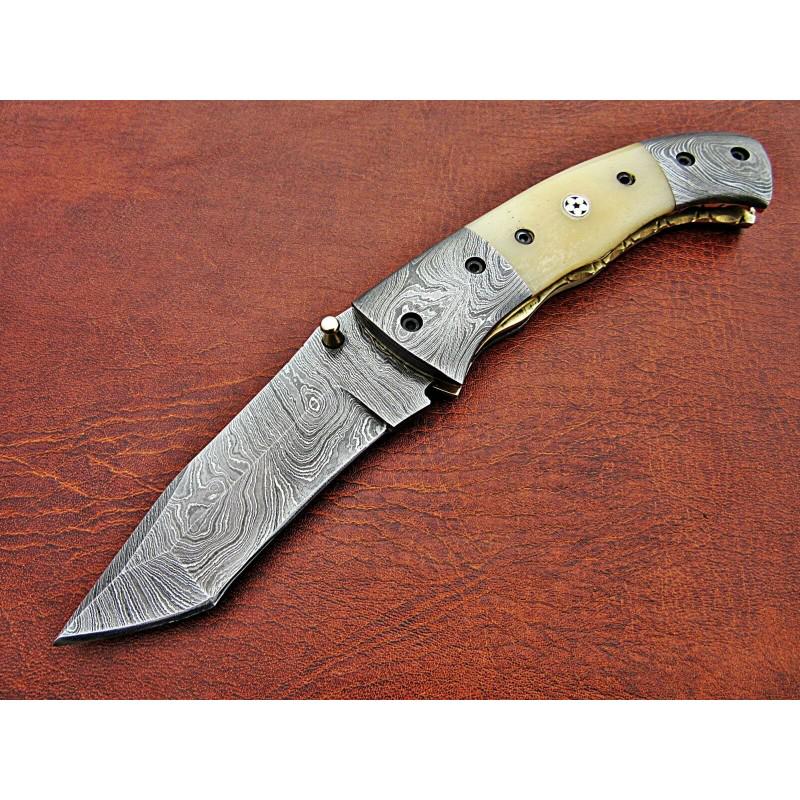 Handmade damascus steel knife bone brass: "Knife ""Gatlin"" Damascus knives are very durable, look great and keep sharpness perfectly. Damascus steel has high quality contents to give it an excellent edge and sharp cutting ability. The blade 