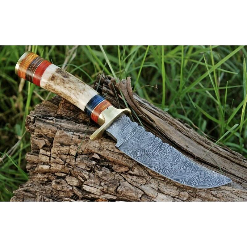Pocket damascus steel knife handmade stag brass (1 of 3)