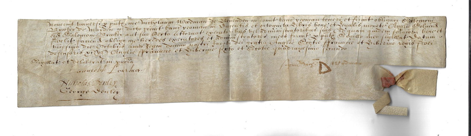1608 English Vellum Obligation Bond Kent: Neatly penned English Obligation Bond dated the sixth year of the reign of James I 1608/9 whereby Nicholas Woodman of Berenden in Kent, Yeoman, and his wife Anne are bound to a Saloman Brroks, also a 