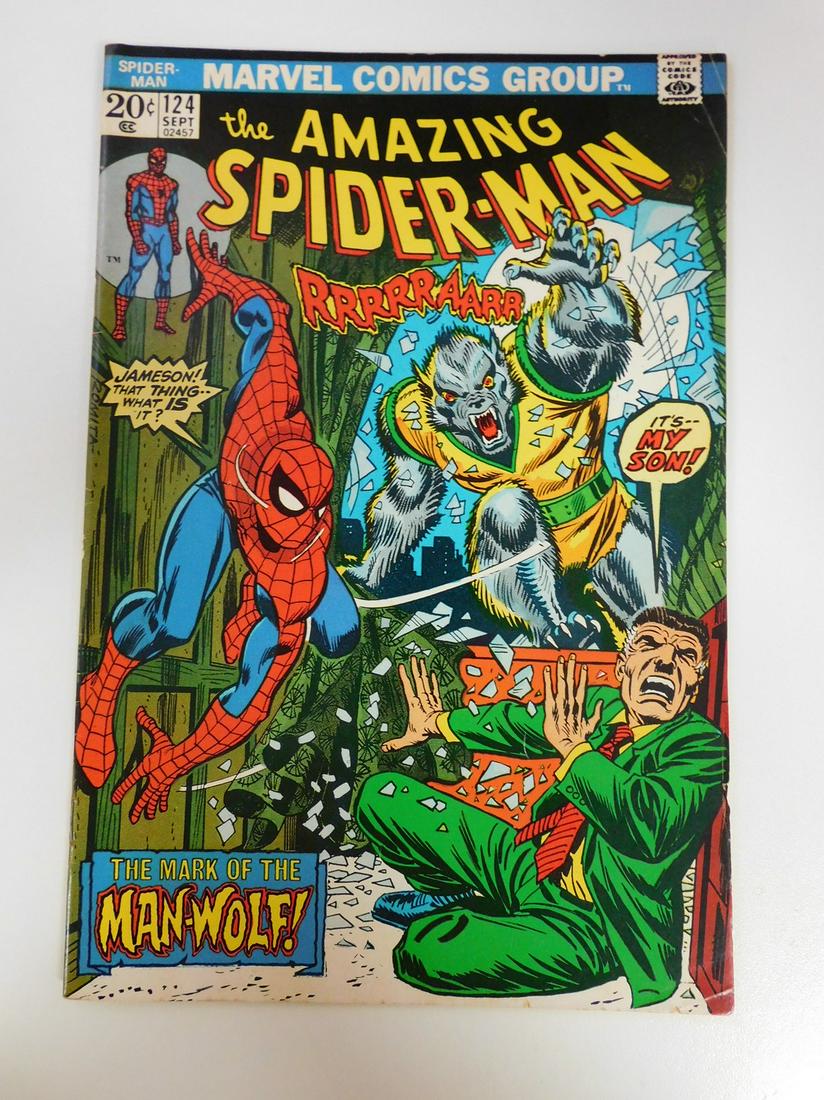 The Amazing Spider-Man 1st appearance of Man-Wolf #124: No Reserve! The Amazing Spider-Man 1st appearance of Man-Wolf #124 . VG+ Shipping: Domestic: Flat-rate of $9.99 for 1 to 8 items; Flat-rate of $19.99 for 9 items or more to anywhere within the contigu