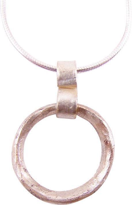 VIKING PROTECTIVE BROOCH NECKLACE 10th-11th CENTURY: Good example, circular bronze, just under 3/4" diameter of the thick section with ridged faces and beveled inside. The surface with light texture from burial. Professionally conserved and the silver s