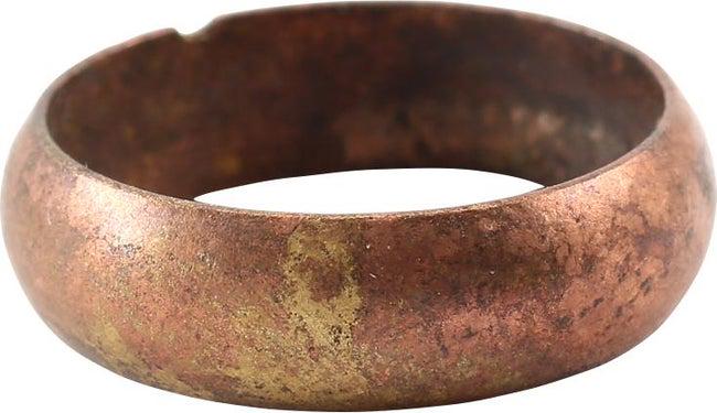 COPPER VIKING WEDDING RING 900-1050 AD SZ 6 1/4: Size 6 1/4. Broad 5.4mm width band, with rounded face. Mottled red/brown patina. Vikings were expert metallurgists. The use of pure copper is rare and suggests a supernatural significance as alloys we