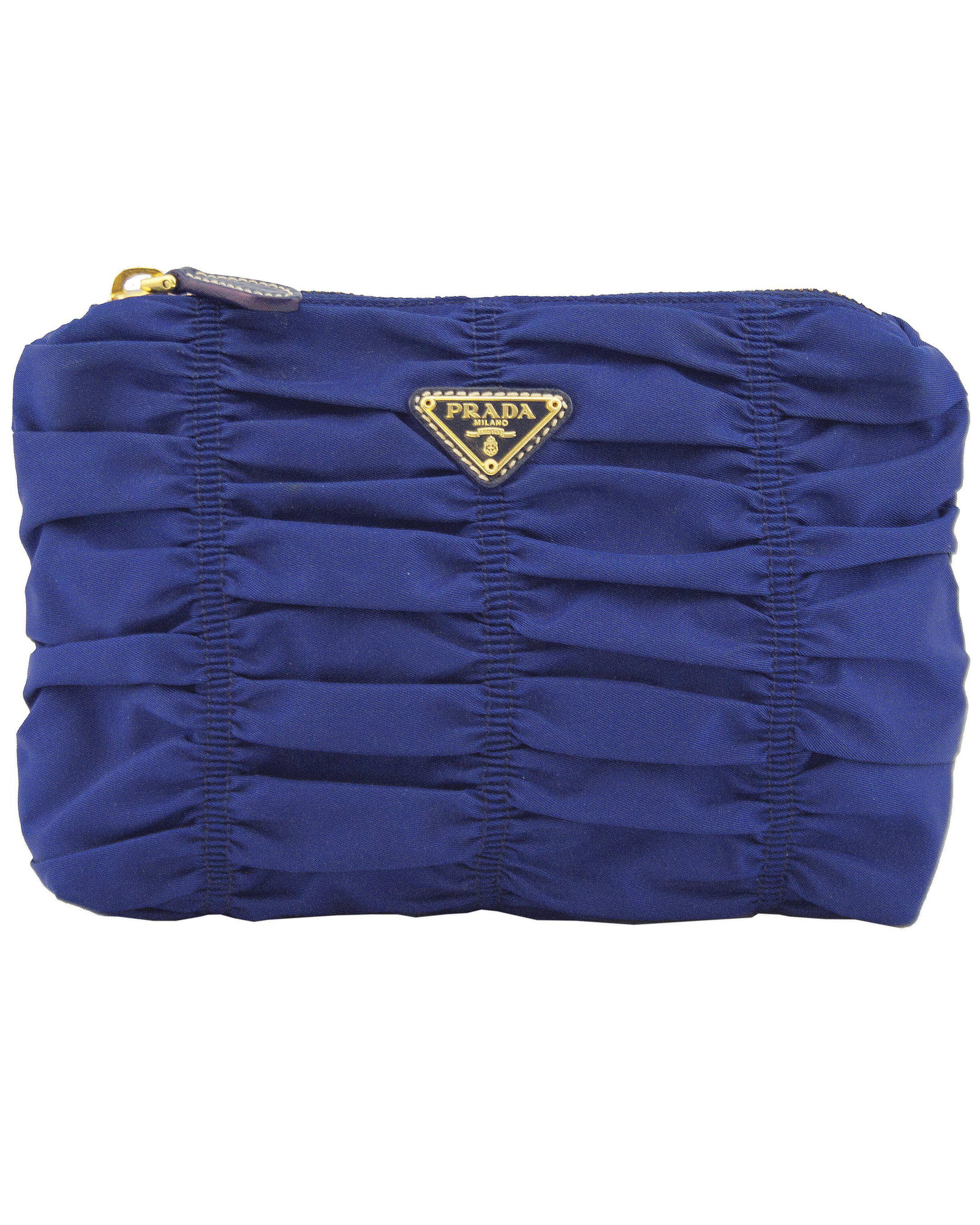 Prada Blue Ruched Nylon Clutch: Brand: Prada Title: Blue Ruched Nylon Clutch Additional Information: 1990s Prada blue nylon clutch. Ruching throughout gives the bag texture. Iconic Prada triangle brand logo and goldtone zipper with 