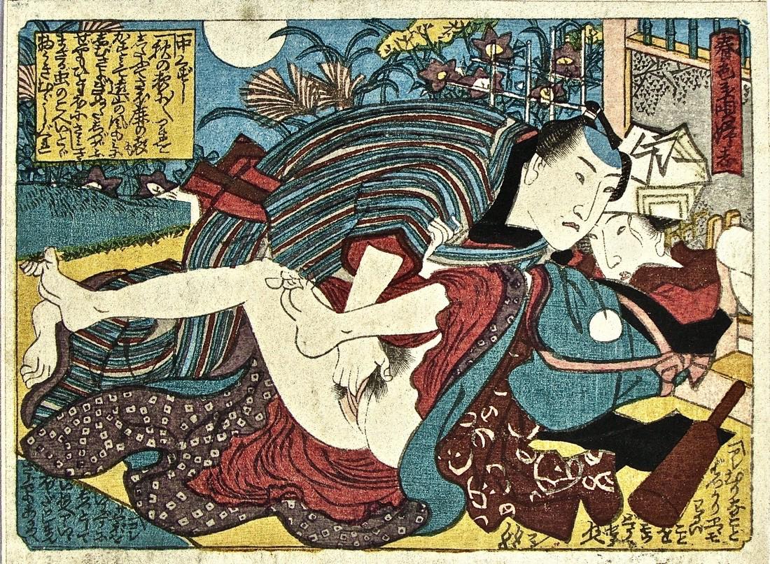 Utagawa School: Shunga: Artitst: Utagawa school Subject: Shunga. Signature: None Date: c. 1850 Format: koban, 12.3 x 9.2 cm Condition: Fine impression and color, backed this print was mounted on a scroll and retains an archi