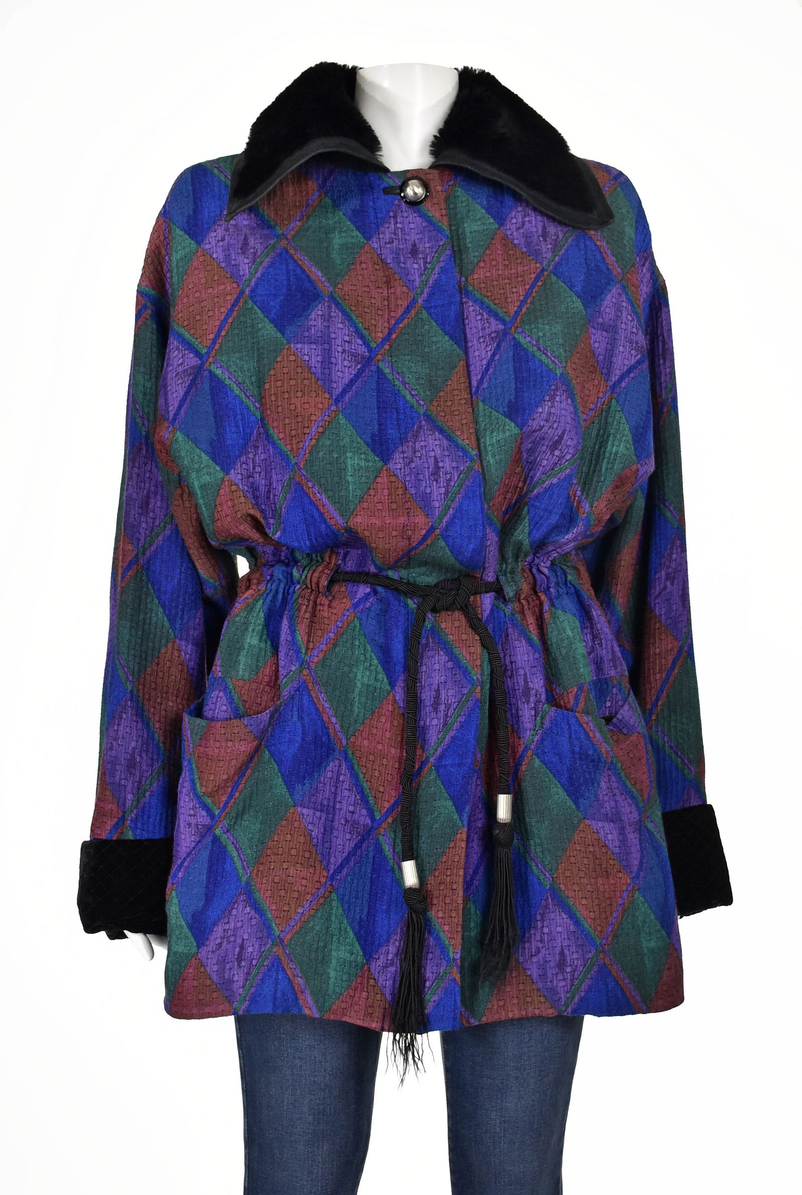 GIANNI VERSACE Vintage Jacket w/Shearling Collar &: Vintage harlequin pattern jacket from Gianni Versace features a genuine shearling collar and diamond-quilted velvet cuffs. The jacket zips up the front and has a black cord tie belt that can be used o