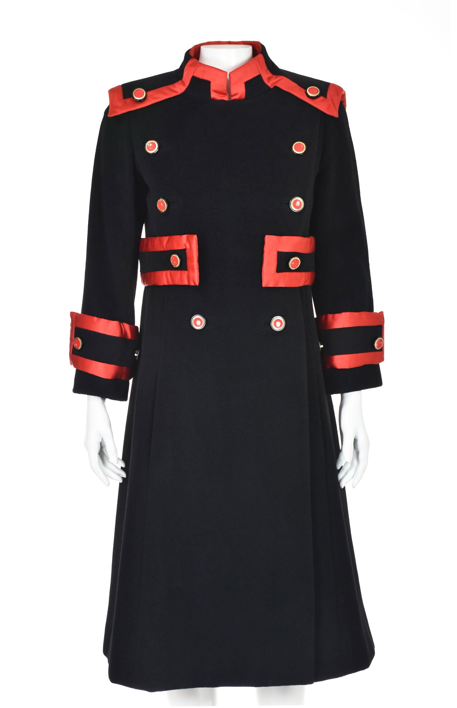 RONALD AMEY Vintage Black Wool Coat: This coat is quintessential Ronald Amey from the 1960s or early 1970s. Double-breasted, somewhat military style made in very heavy black wool with a standing collar and extensive red silk trim. Half-b
