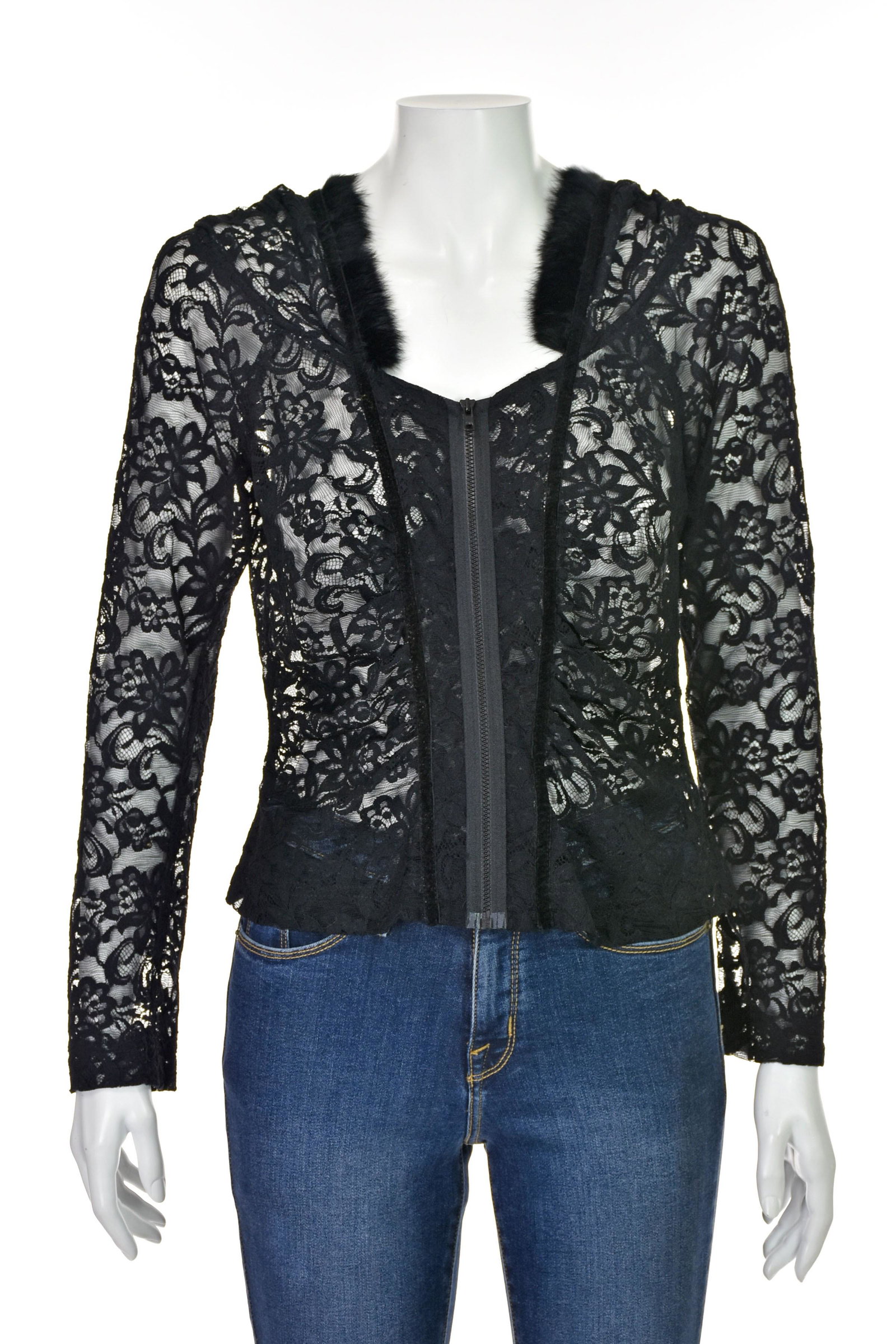 CHARLES CHANG-LIMA Black Lace Hoody with Fur Trim: This unusual "hoodie" style top or jacket from Charles Chang-Lima is made from openwork black lace and closes in front with an exposed zipper. The hood is trimmed in black rabbit fur; lace is a nylon 