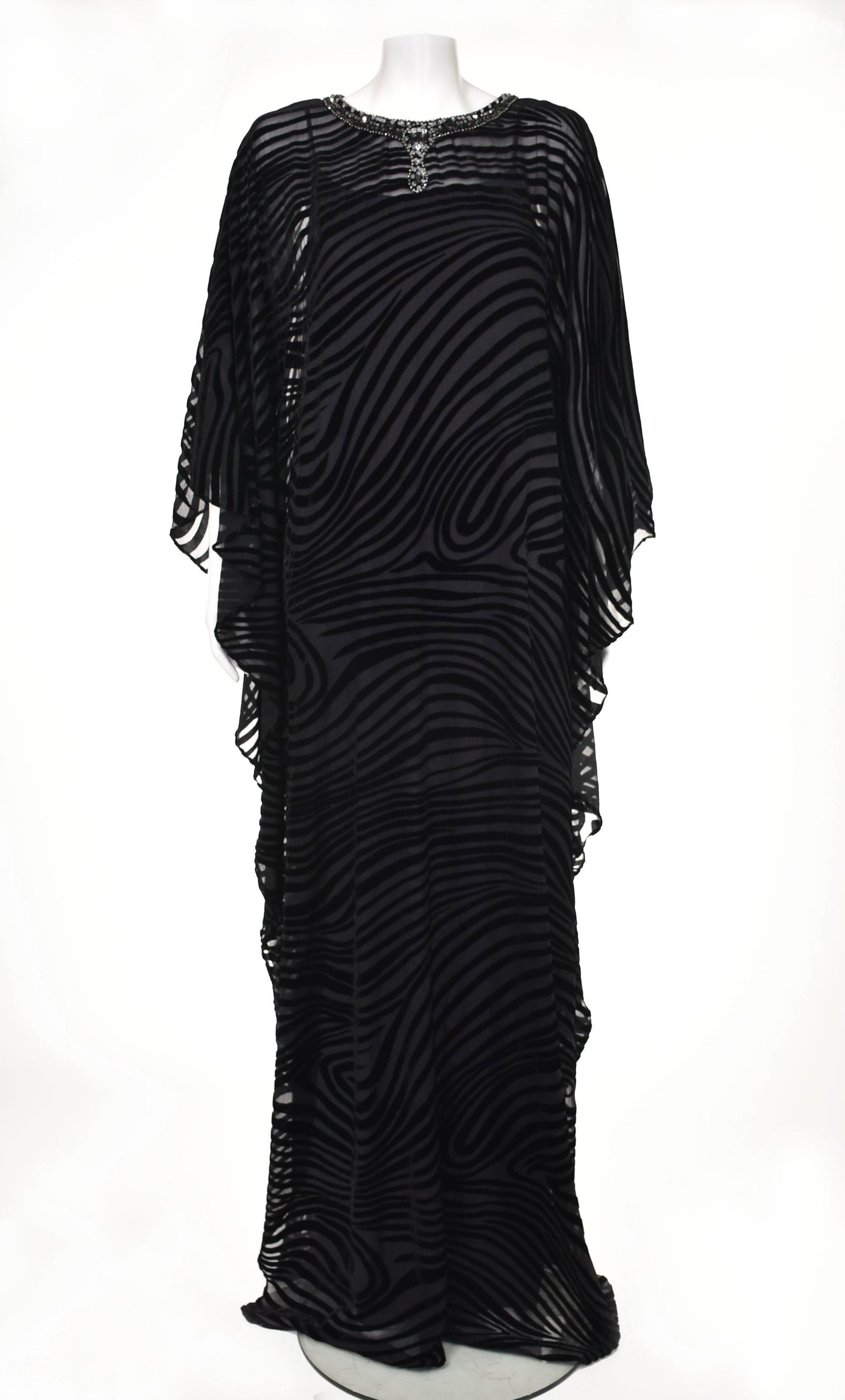 TERI JON Jeweled Velvet Caftan with Slip NWT: Dramatic caftan style evening dress from Teri Jon features a black tiger stripe design in a devore (or "burnt") velvet fabric. Jeweled neckline is encrusted with black, clear and smoky rhinestones out