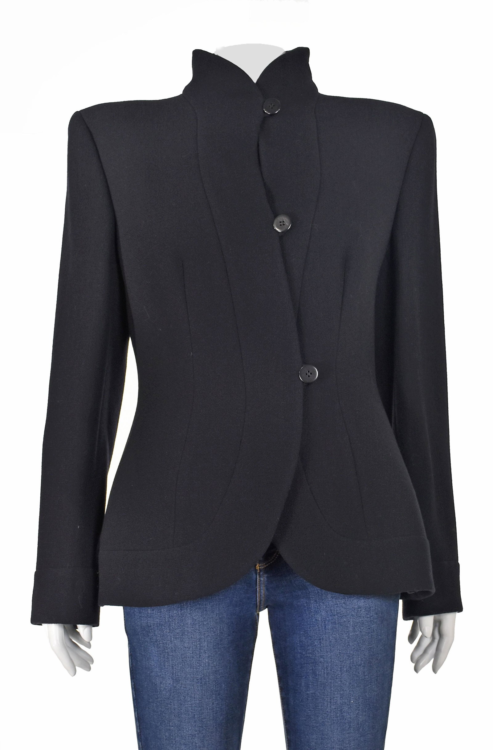 GIORGIO ARMANI Black Wool Crepe Jacket: Black crepe jacket from Giorgio Armani Black Label is a stunning example of Armani's craftsmanship. Notice how a separate piece of the shell fabric forms a three-inch wide border that runs all around 