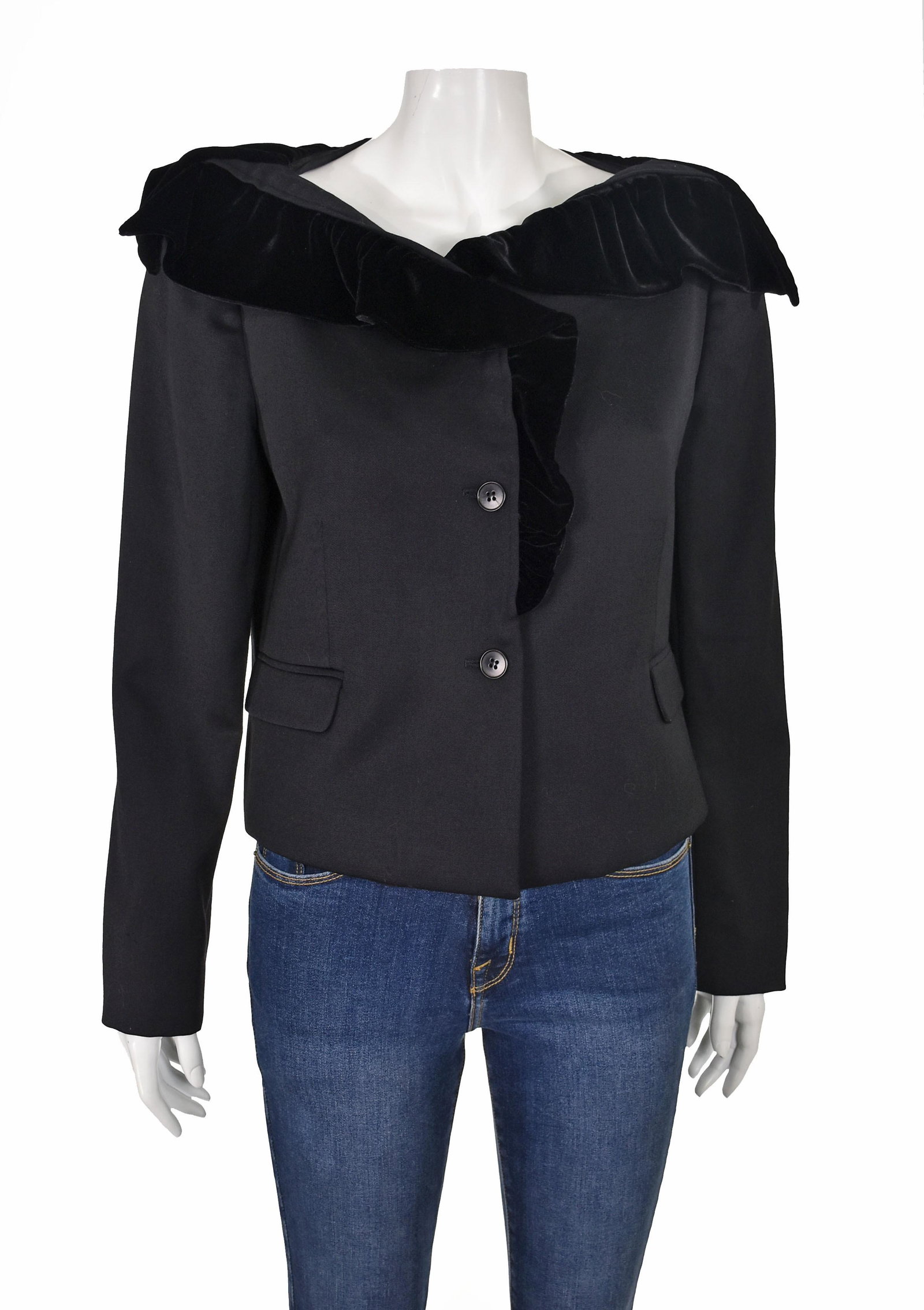 EMPORIO ARMANI Cropped Jacket with Velvet Collar: Cropped black jacket from Giorgio Armani's sporty "Emporio Armani" label features a widely set velvet collar. It has a three-button closure and two flap pockets. Shell fabric is 99% wool (1% elastane)