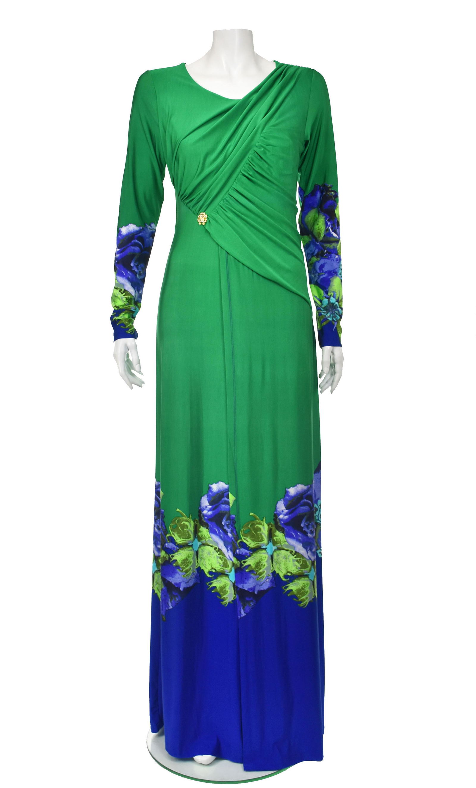ROBERTO CAVALLI Green Jersey Evening Dress NWT: Never worn full-length dress from Roberto Cavalli features a criss-cross bodice gathered to the side and a full-length wrap skirt. The bodice is highlighted with a RC gold and rhinestone emblem where