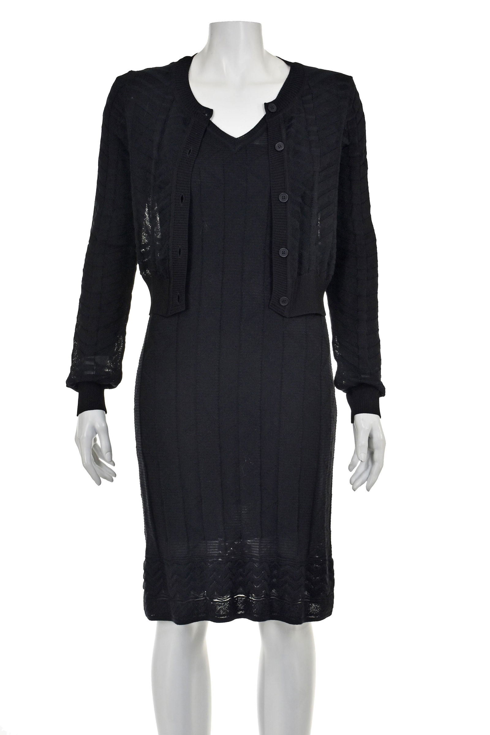 MISSONI Two-Piece Black Knit Dress & Cardigan: Black knit, two-piece dress from esteemed Italian knitwear maker, Missoni, gives you two versatile pieces for your wardrobe. Long-sleeved dress is pull on style with V-neck. It comes with a black slip