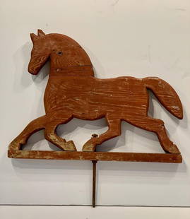 c. 1940 Wood Running Horse Weathervane: Title: c. 1940 Wood Running Horse WeathervaneDate/Period: c. 1940Dimension: 17 1/2” x 23”; add 6 1/4” for rodAdditional Information: In original worn paint. Exceptional primitive form. The