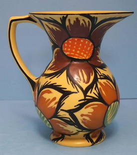 Vintage Hand Painted Czech Art Pottery Pitcher: Title: Vintage Hand Painted Czech Art Pottery Pitcher Date: 1930’s-40’s.Dimensions:7 7/8" tall x 7 1/2" wide handle to spout.Provenance/Additional Info: A Vintage hand painted Czechoslovakian Art