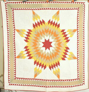 Well Quilted 1890's Lone Star Quilt: Title: Well Quilted 1890's Lone Star QuiltProvenance/Additional Info: Cotton 1880's/1890's lone star quilt, all hand pieced and hand quilted, with a double sawtooth border. It measures 70" X 70" and