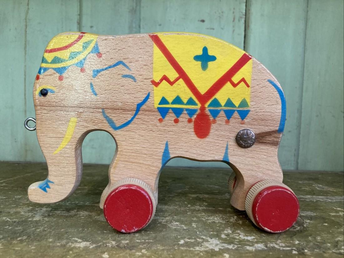 Primitive 1930-1950's Verhofa Wooden Circus Elephant: Title: Primitive 1930-1950's Verhofa Wooden Circus Elephant Pull Toy Germany Date/Period: Approx 1930-50's Materials: Wood Dimension: Approx 7" long x 5" tall Additional Information: Vintage ca. 1930-