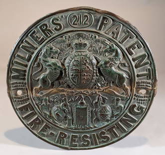 Patinated Brass Round Shield: Title: Patinated Brass Round ShieldDate: 1880Origin: EnglishDimensions: 7" DProvenance/Additional Info: Patinated Brass Round Shield, Milner's 212 Patent, Fire-Resisting Shield with two horses