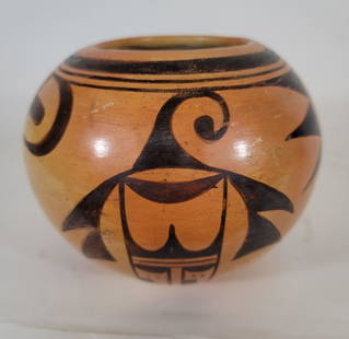 Large spherical Hopi pottery jar ca 1930's: Title: Large spherical Hopi pottery jar ca 1930'sDimension: 5 1/2" high x 6" diameterDescription: This is a rounder jar than one normally sees and retains good overall decoration. No signature, but a