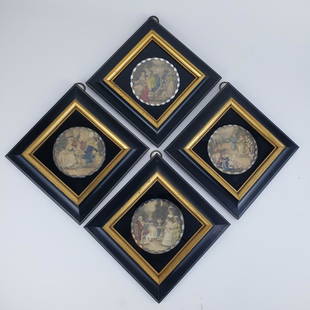 Set of 4 Sungott Handcolored Prints in Eglomise Frames: Title: Set of 4 Sungott Handcolored Prints in Eglomise FramesDate/Period: 20th centuryMaterials: hand tinted art gravures in framesDimensions: each 7 1/2" x 7 1/2"Description: Set of 4 decorative