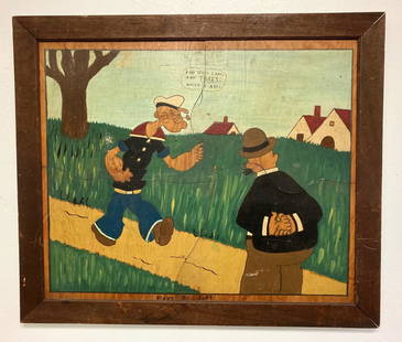 C1940 folk art Popeye puzzle that has been framed: Title: C1940 folk art Popeye puzzle that has been framedDimensions:Total framed size is approximately 19” x 22 3/4”.Provenance/Additional Info: Original paint. Shipping:Domestic: Flat-rate of